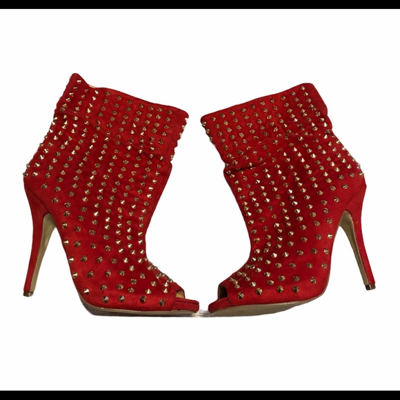 JustFab Shoes - JustFab Ladies Red Spiked Peeptoe Booties